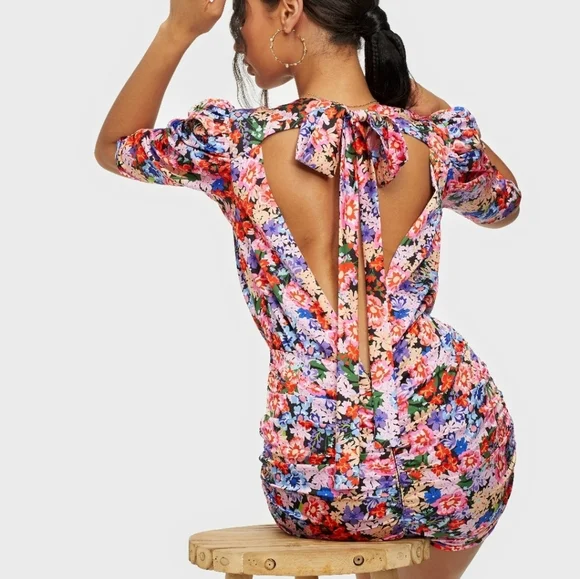 for Love & Lemons Bouquet Floral Deep V-neck Ruffle Puff Sleeve Mini Dress Sz M - Picture 4 of 16